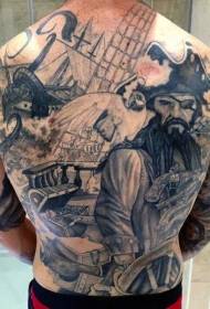 back amazing black and white old pirate theme tattoo pattern