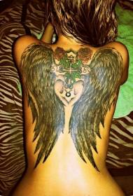 back black wings with red rose tattoo pattern