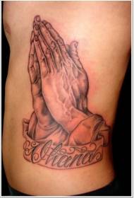 side rib simple design of prayer hand with letter tattoo pattern