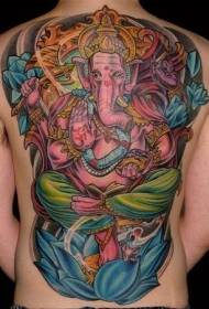 back colorful Indian Ganesha elephant god tattoo pattern