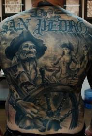 pilnas nugaros kietas piratų kaukolės šalmo tatuiruotės modelis