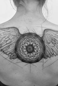 back black line sketch style mysterious wings tattoo pattern