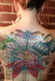 女生背部美丽的彩色蜻蜓花朵花朵纹身图案