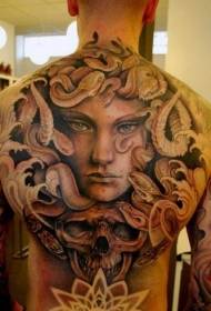 Back incredible evil Medusa Shah and skull tattoo pattern