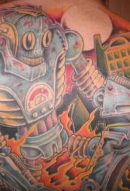 back color cartoon city and giant robot tattoo pattern