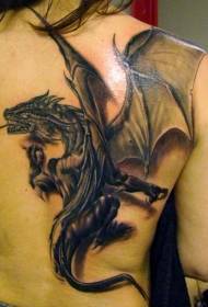 disegno del tatuaggio drago ali nere e grigie sul retro