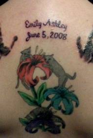 back handprint and cat flower color tattoo pattern