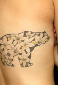 背部可爱的剪影熊与花朵结合纹身图案