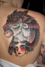 back sheep wolf helmet and gypsy girl color tattoo pattern