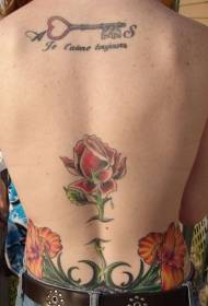 Back Rose en Key Floral kleuren tattoo patroon