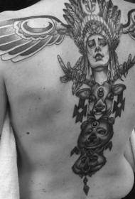 motif de tatouage arrière de statue indienne mystérieuse noire et blanche ornée