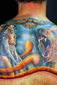 Back is really beautiful Indian woman with roaring bear eagle tattoo pattern