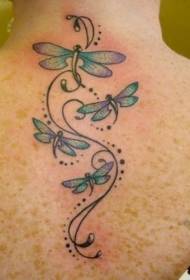 back colored dragonfly and vine tattoo pattern