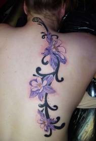 wzór tatuażu z tyłu niebieska orchidea i czarny winorośl