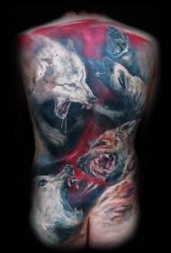 back domineering realistic watercolor Fighting wolf tattoo pattern