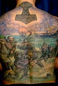 Back painted Viking warrior in combat tattoo pattern