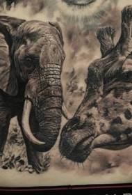 back black and white wild animal elephant Giraffe tattoo pattern