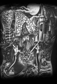 back cartoon-like black and white fantasy world wizard and dragon tattoo pattern