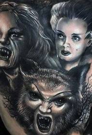 horror movie style black and white various monster back tattoo designs