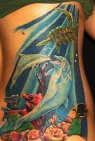 Back of the wonderful multicolored underwater world tattoo pattern