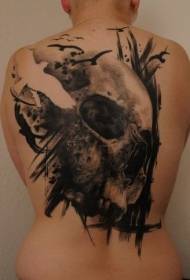 back elegant black-gray skull and white bird tattoo pattern