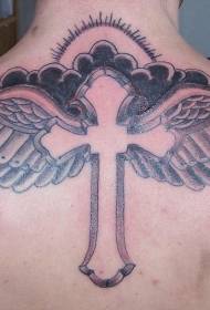 背部天空与十字架翅膀纹身图案