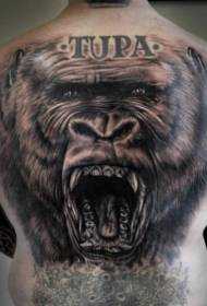 back huge realistic black and white gorilla tattoo pattern