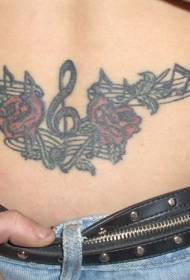背部五线谱音符与红玫瑰纹身图案