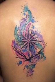 Back Colored Nautical Compass and Twig Tattoo Pattern