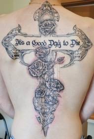 back beautiful cross and rose tattoo pattern