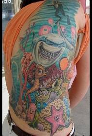 Back funny underwater world cartoon tattoo pattern