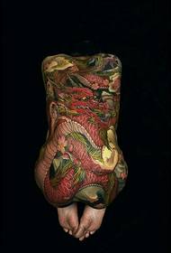 The whole back is full of double half-colored dragon dragon tattoos