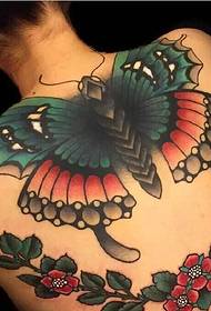 flower and big butterfly combined back tattoo