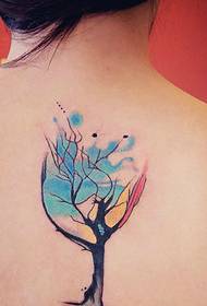 creative color small tree totem tattoo on the back of the girl