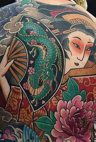 Back geisha dragon totem tattoo pattern