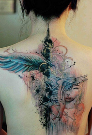 female back personality splash ink tattoo pattern