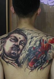 a tattoo image of a Buddha that covers half of the back