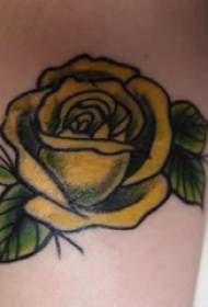 Rose tattoo girl's arm above art flower tattoo pattern
