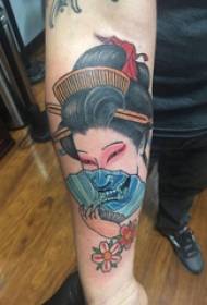 Arm tattoo material, male arm, geisha and prajna stitching tattoo pictures