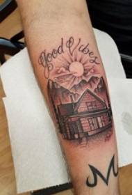 Building tattoo, male arm, English and building tattoo pictures