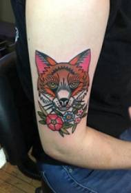 Color fox tattoo girl arm on flower and fox tattoo picture