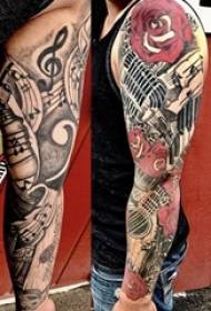 European and American flower arm tattoo male student arm on flower and guitar tattoo picture