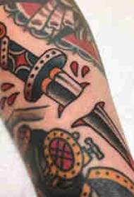 Painted tattoo, male student's arm, broken dagger tattoo picture