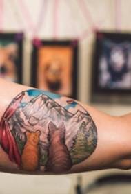 Tato dicat, lengan lelaki, gambar tatu haiwan dan landskap