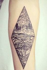Geometric element tattoo girl figure on rhombus and landscape tattoo picture