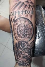 Arm tattoo material, male arm, flower and clock tattoo picture