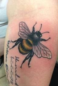 Ramię chłopca z małym zwierzęcym tatuażem na kolorowym obrazie tatuażu pszczoły