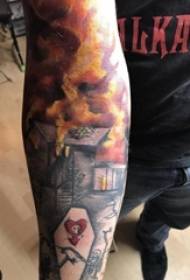 Arm tattoo material, male arm, building and flame tattoo picture