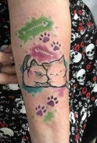 Tattoo cartoon girl with colored paw prints and cat tattoo pictures on arm