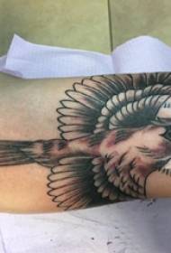Tatuiruotės paukščio berniukas su didele ranka ant juodos pilkos spalvos paukščio tatuiruotės paveikslėlio